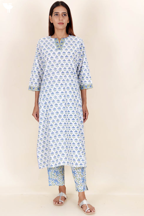 Cotton Kurta Pant And Dupatta Set In Block Print